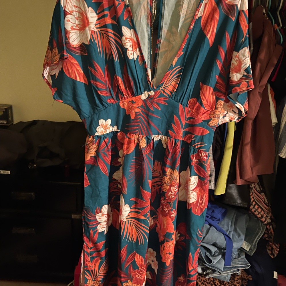 SHEIN Orange and Pink V-Neck Dolman Sleeve Maxi Sundress